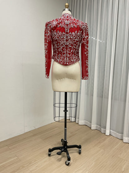 Red Beaded Evening Bolero Jacket with Sheer Sleeves MC20134