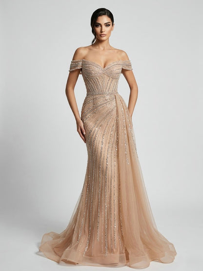 hampagne Beaded Off-the-Shoulder Evening Gown with Tulle Train MC20135