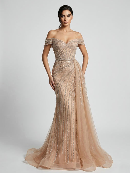 hampagne Beaded Off-the-Shoulder Evening Gown with Tulle Train MC20135