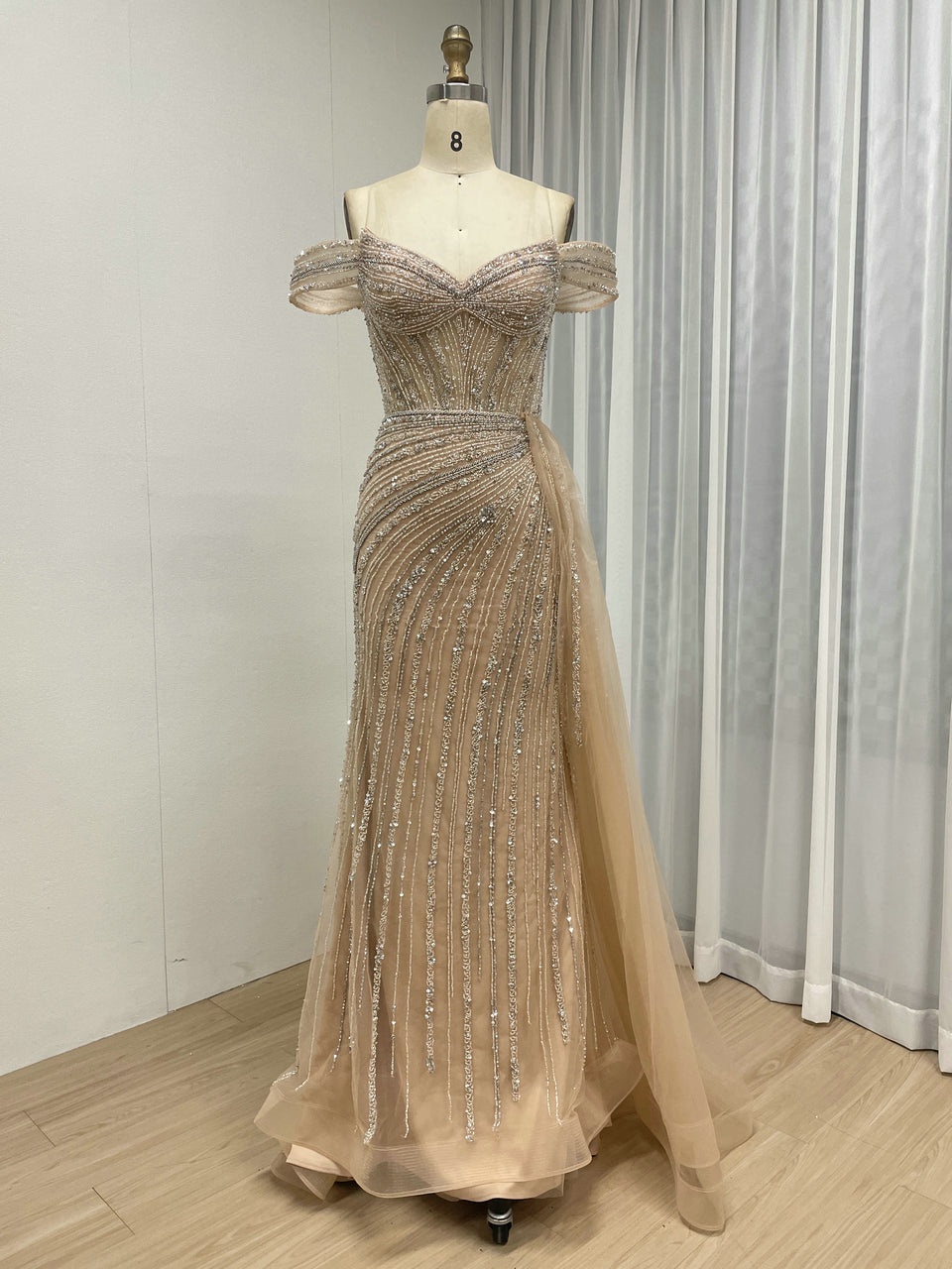 hampagne Beaded Off-the-Shoulder Evening Gown with Tulle Train MC20135