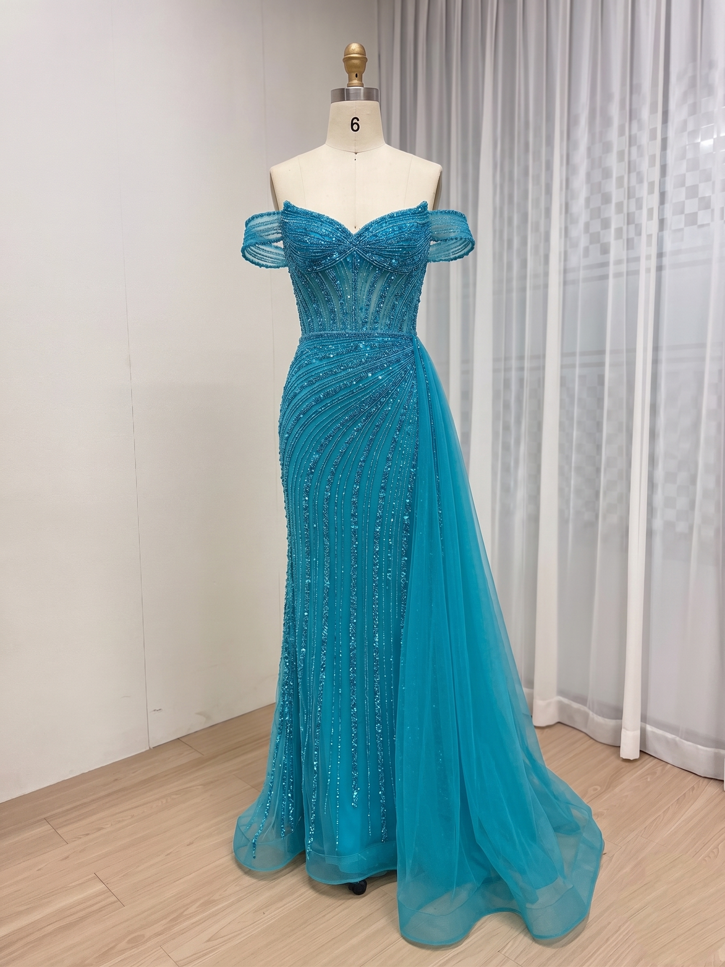 Luxury Champagne Off-the-Shoulder Beaded Mermaid Evening Gown With Tulle Train MC20135