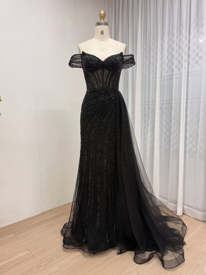 Luxury Champagne Off-the-Shoulder Beaded Mermaid Evening Gown With Tulle Train MC20135
