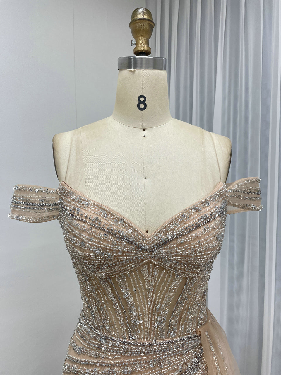 hampagne Beaded Off-the-Shoulder Evening Gown with Tulle Train MC20135