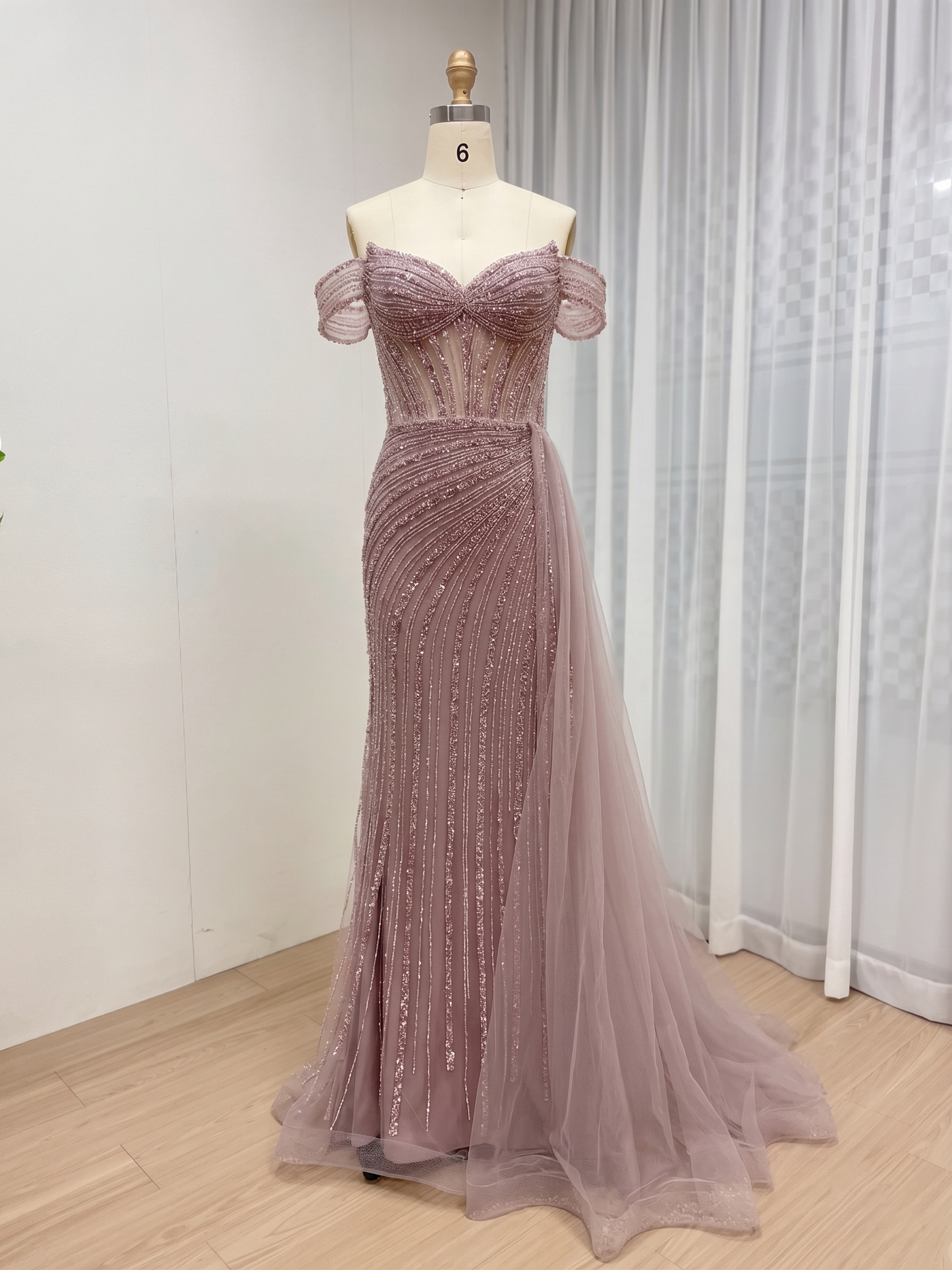 Luxury Champagne Off-the-Shoulder Beaded Mermaid Evening Gown With Tulle Train MC20135