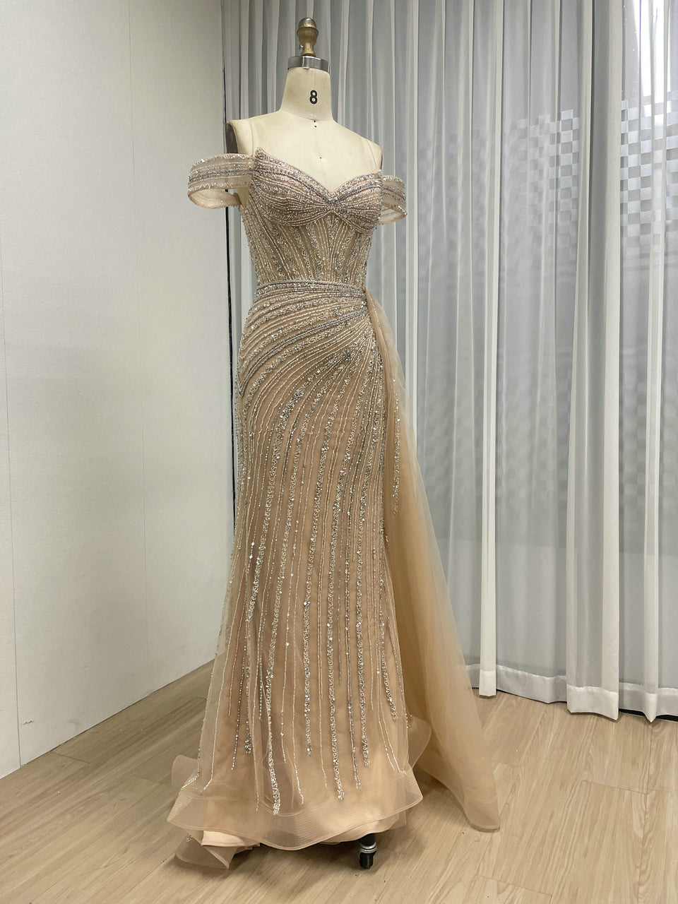 hampagne Beaded Off-the-Shoulder Evening Gown with Tulle Train MC20135