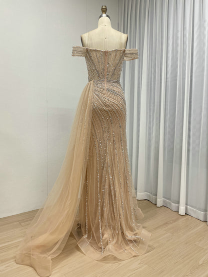 hampagne Beaded Off-the-Shoulder Evening Gown with Tulle Train MC20135