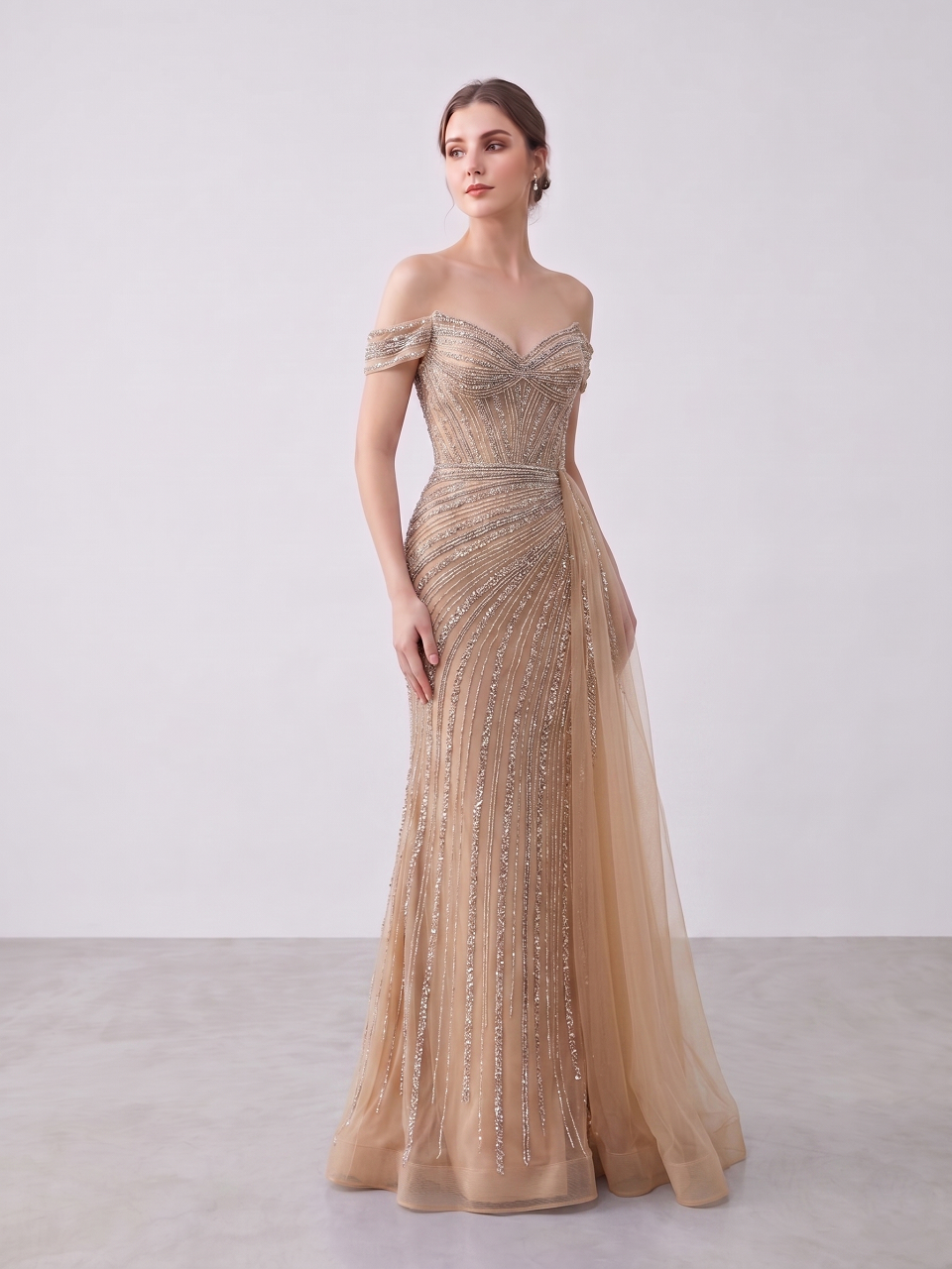 Luxury Champagne Off-the-Shoulder Beaded Mermaid Evening Gown With Tulle Train MC20135