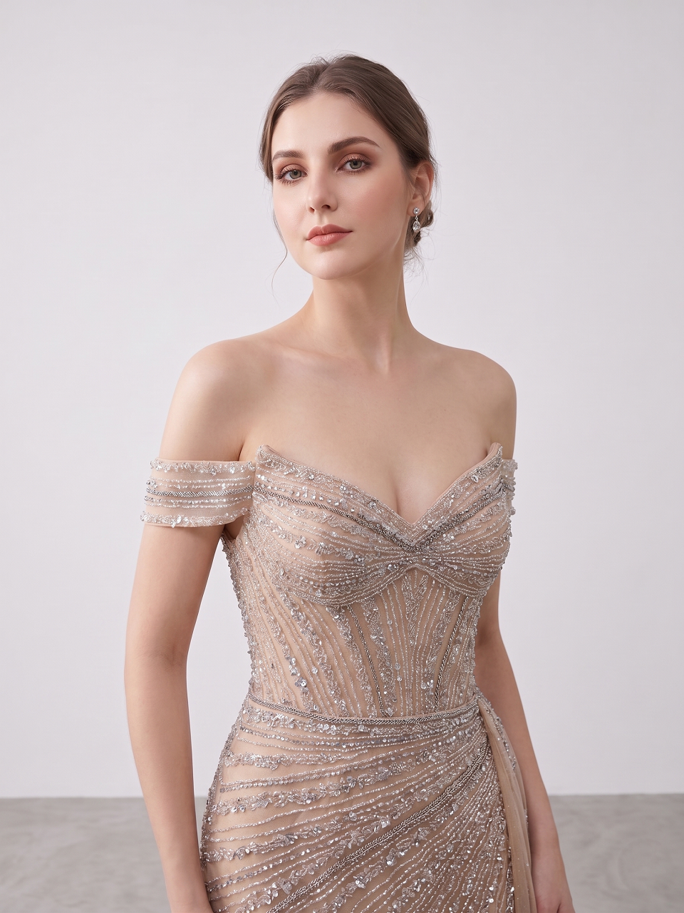 Luxury Champagne Off-the-Shoulder Beaded Mermaid Evening Gown With Tulle Train MC20135