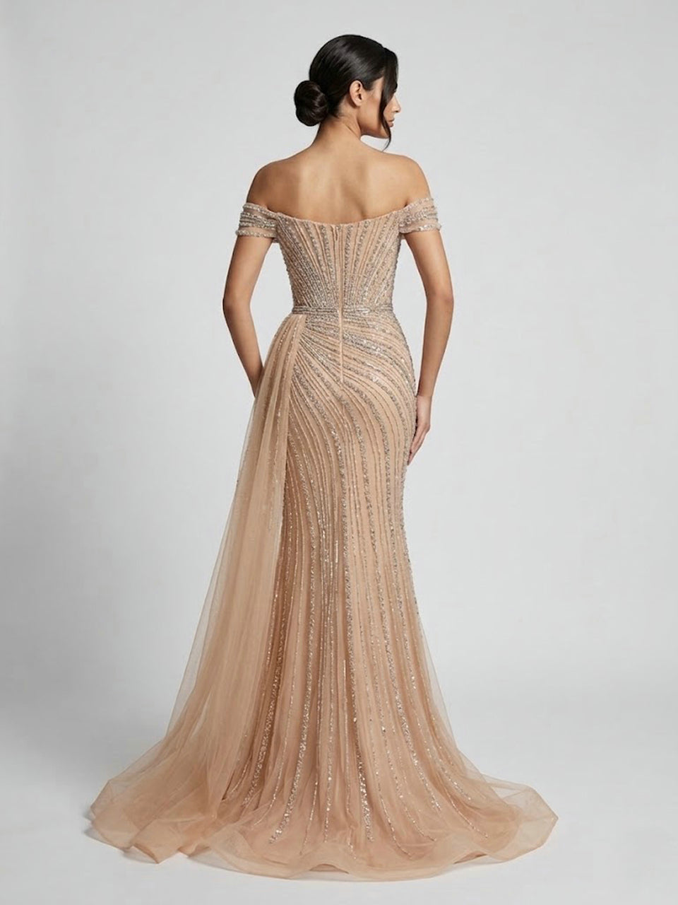 hampagne Beaded Off-the-Shoulder Evening Gown with Tulle Train MC20135