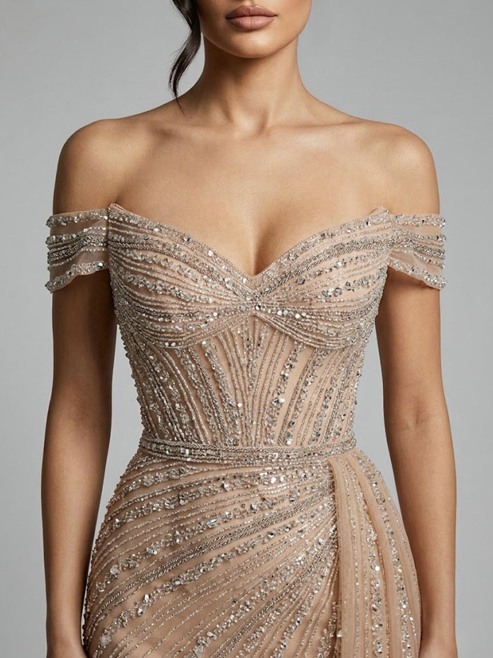 hampagne Beaded Off-the-Shoulder Evening Gown with Tulle Train MC20135