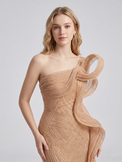 Champagne One-Shoulder Beaded Evening Gown with High Slit MC20137