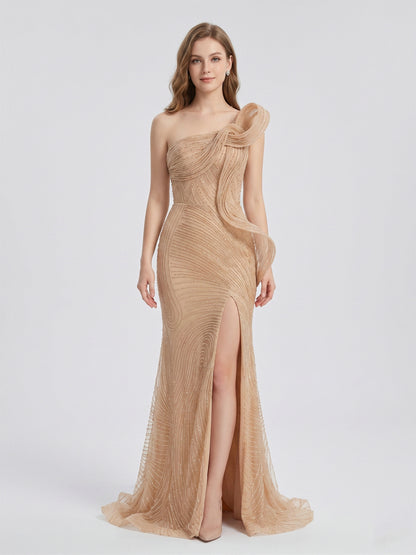 Champagne One-Shoulder Beaded Evening Gown with High Slit MC20137