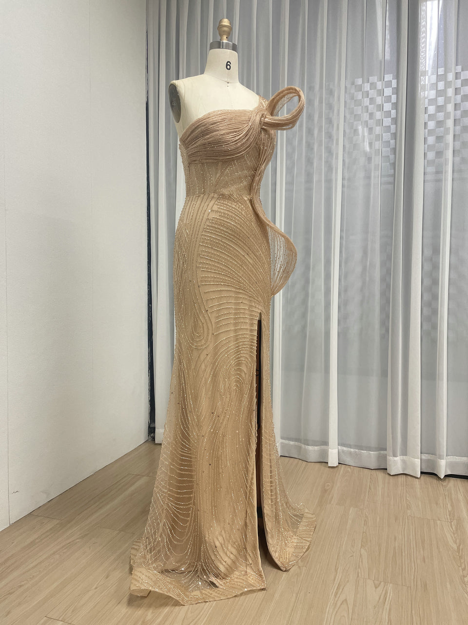Champagne One-Shoulder Beaded Evening Gown with High Slit MC20137