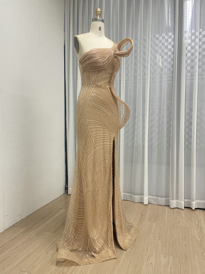 Champagne One-Shoulder Beaded Evening Gown with High Slit MC20137