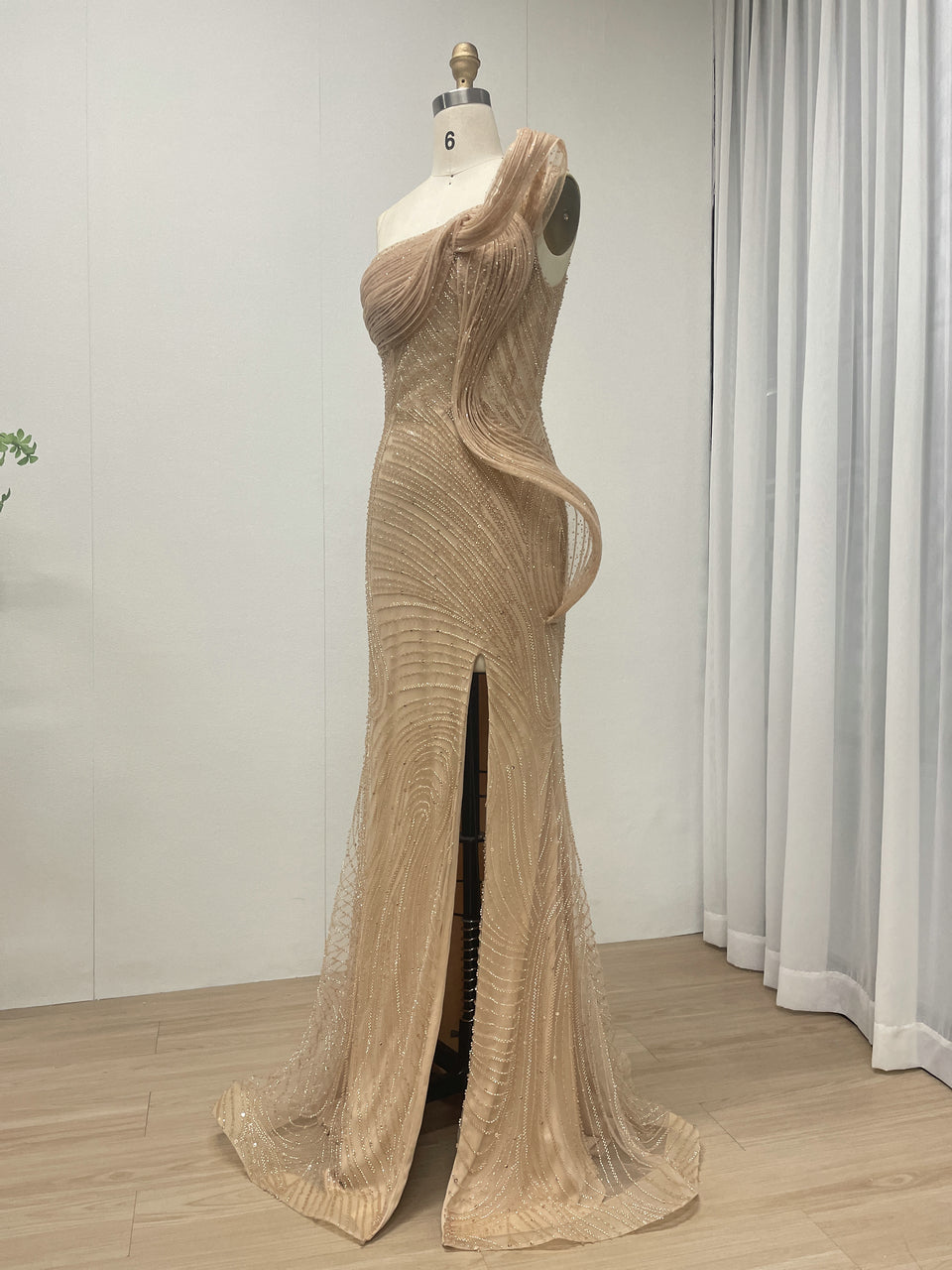 Champagne One-Shoulder Beaded Evening Gown with High Slit MC20137