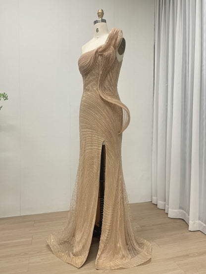 Champagne One-Shoulder Beaded Evening Gown with High Slit MC20137