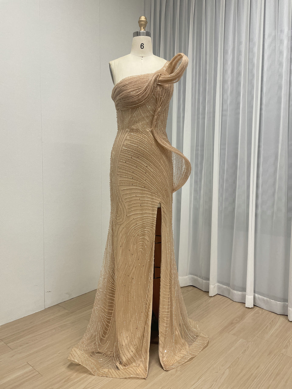 Champagne One-Shoulder Beaded Evening Gown with High Slit MC20137
