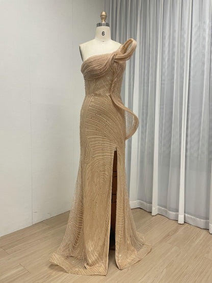 Champagne One-Shoulder Beaded Evening Gown with High Slit MC20137