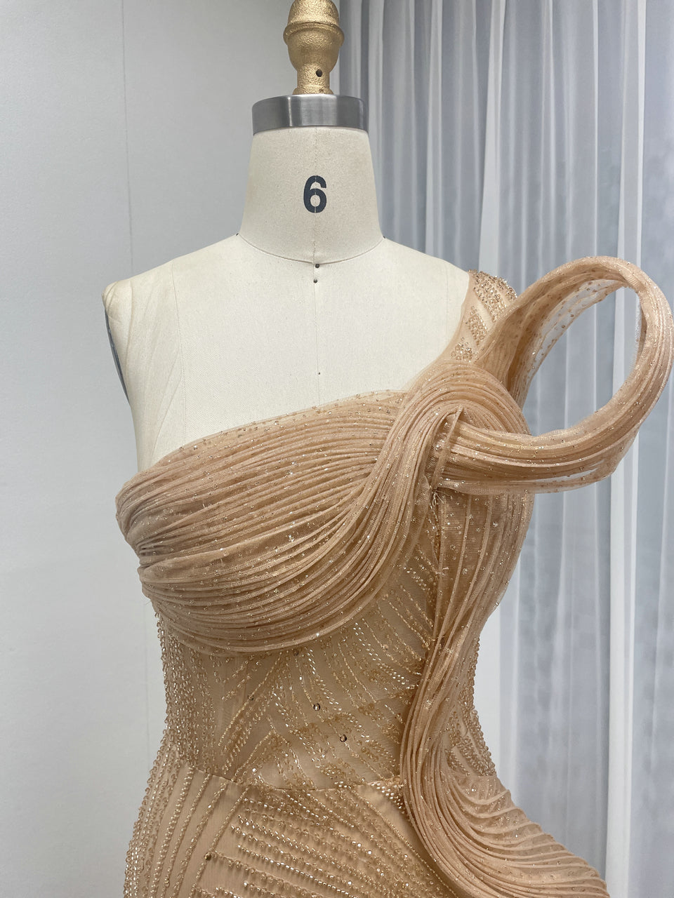 Champagne One-Shoulder Beaded Evening Gown with High Slit MC20137