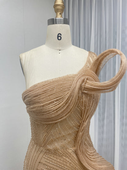 Champagne One-Shoulder Beaded Evening Gown with High Slit MC20137