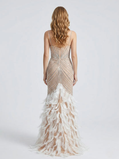 Luxury Beaded Illusion Plunge Mermaid Prom Gown with Feather Skirt MC20138