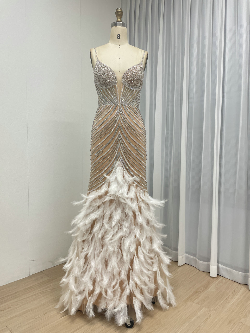 Luxury Beaded Illusion Plunge Mermaid Prom Gown with Feather Skirt MC20138