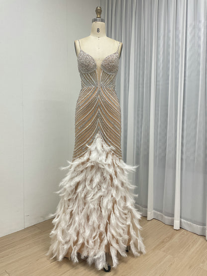 Luxury Beaded Illusion Plunge Mermaid Prom Gown with Feather Skirt MC20138