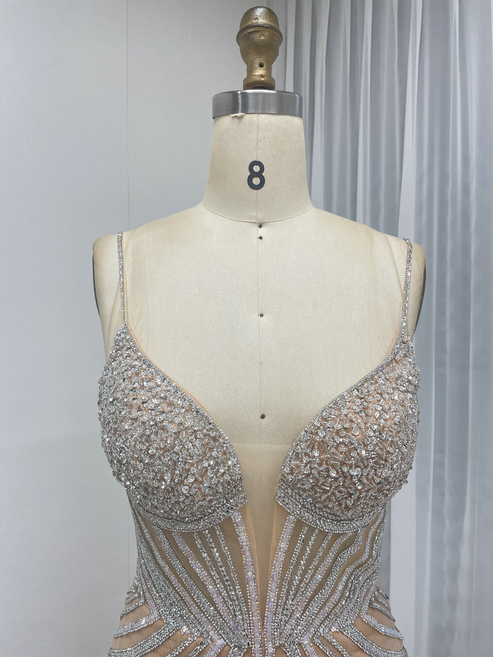 Luxury Beaded Illusion Plunge Mermaid Prom Gown with Feather Skirt MC20138