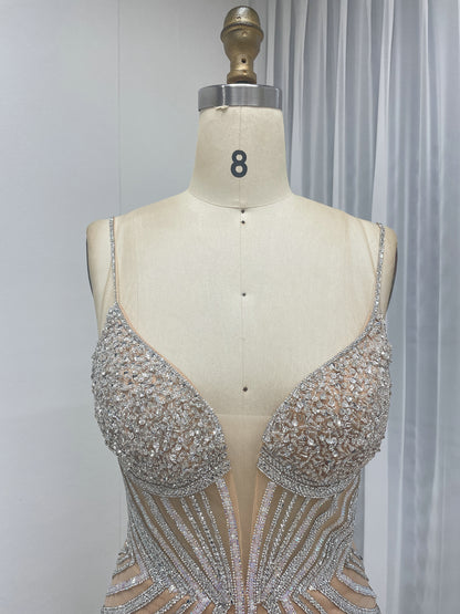 Luxury Beaded Illusion Plunge Mermaid Prom Gown with Feather Skirt MC20138