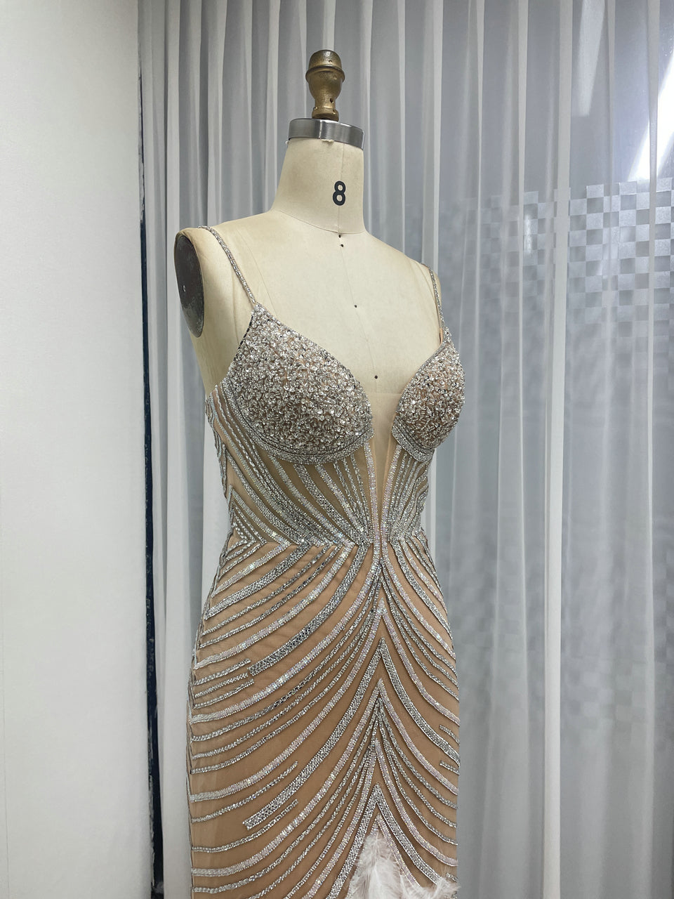 Luxury Beaded Illusion Plunge Mermaid Prom Gown with Feather Skirt MC20138