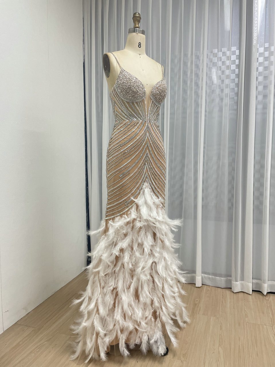 Luxury Beaded Illusion Plunge Mermaid Prom Gown with Feather Skirt MC20138