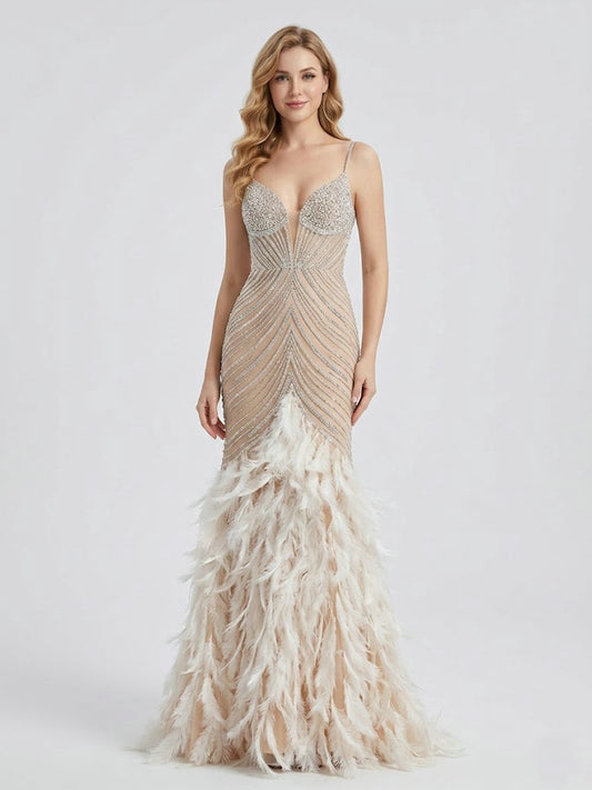 Luxury Beaded Illusion Plunge Mermaid Prom Gown with Feather Skirt MC20138
