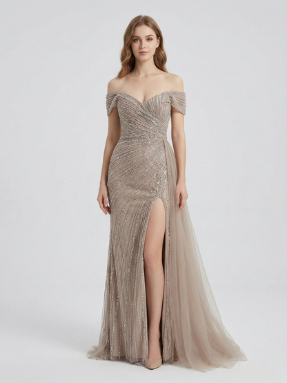 Champagne Off-the-Shoulder Beaded Evening Gown with High Slit & Tulle Train MC20139