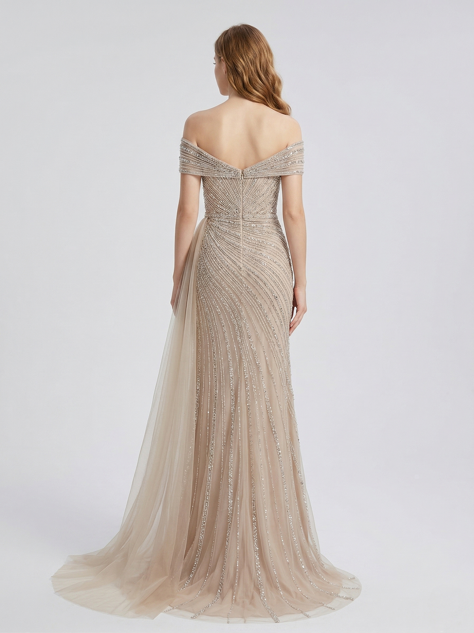 Champagne Off-the-Shoulder Beaded Evening Gown with High Slit & Tulle Train MC20139