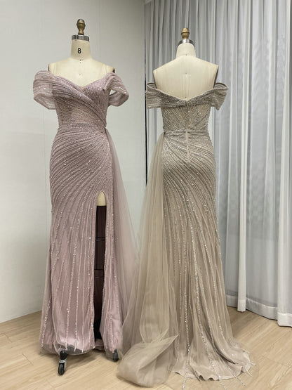 Champagne Off-the-Shoulder Beaded Evening Gown with High Slit & Tulle Train MC20139