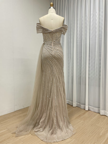 Champagne Off-the-Shoulder Beaded Evening Gown with High Slit & Tulle Train MC20139