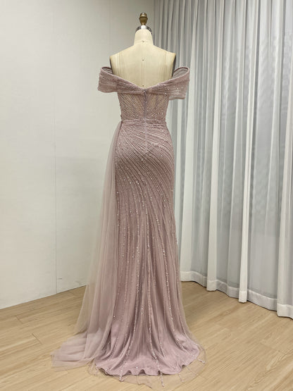 Champagne Off-the-Shoulder Beaded Evening Gown with High Slit & Tulle Train MC20139