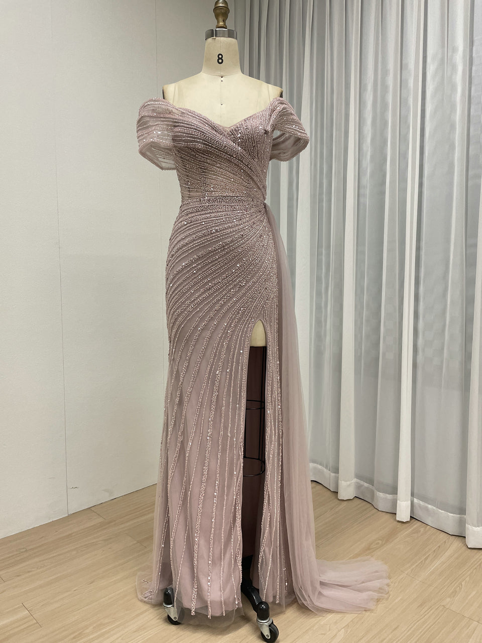 Champagne Off-the-Shoulder Beaded Evening Gown with High Slit & Tulle Train MC20139