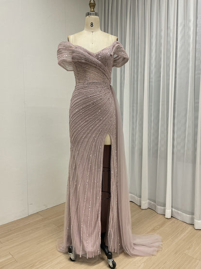 Champagne Off-the-Shoulder Beaded Evening Gown with High Slit & Tulle Train MC20139