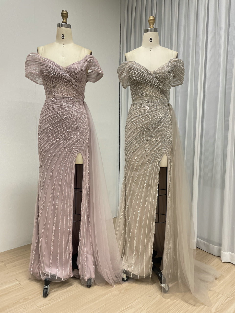Champagne Off-the-Shoulder Beaded Evening Gown with High Slit & Tulle Train MC20139