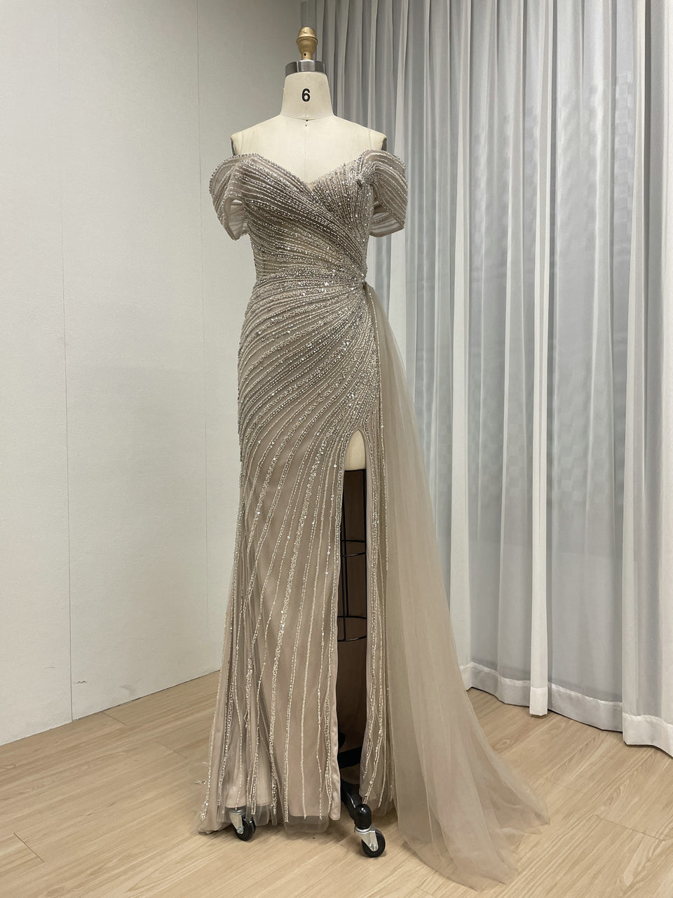 Champagne Off-the-Shoulder Beaded Evening Gown with High Slit & Tulle Train MC20139