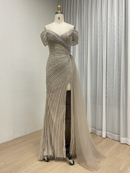 Champagne Off-the-Shoulder Beaded Evening Gown with High Slit & Tulle Train MC20139