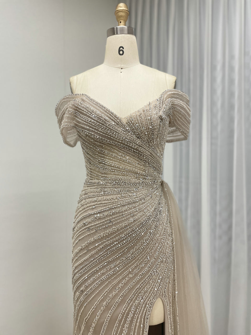 Champagne Off-the-Shoulder Beaded Evening Gown with High Slit & Tulle Train MC20139