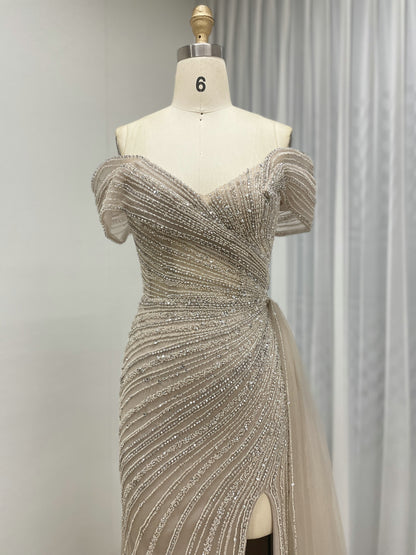 Champagne Off-the-Shoulder Beaded Evening Gown with High Slit & Tulle Train MC20139