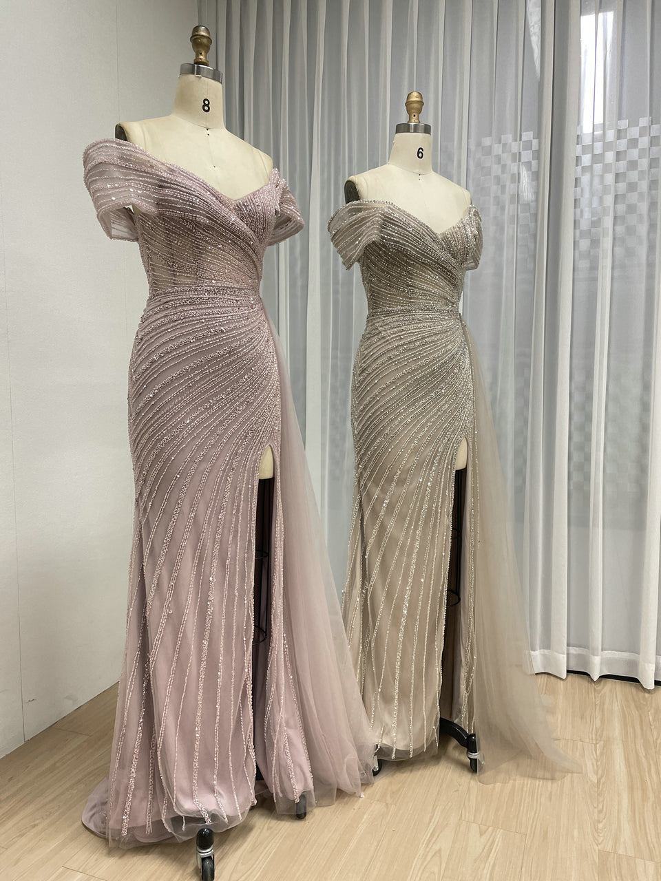 Champagne Off-the-Shoulder Beaded Evening Gown with High Slit & Tulle Train MC20139
