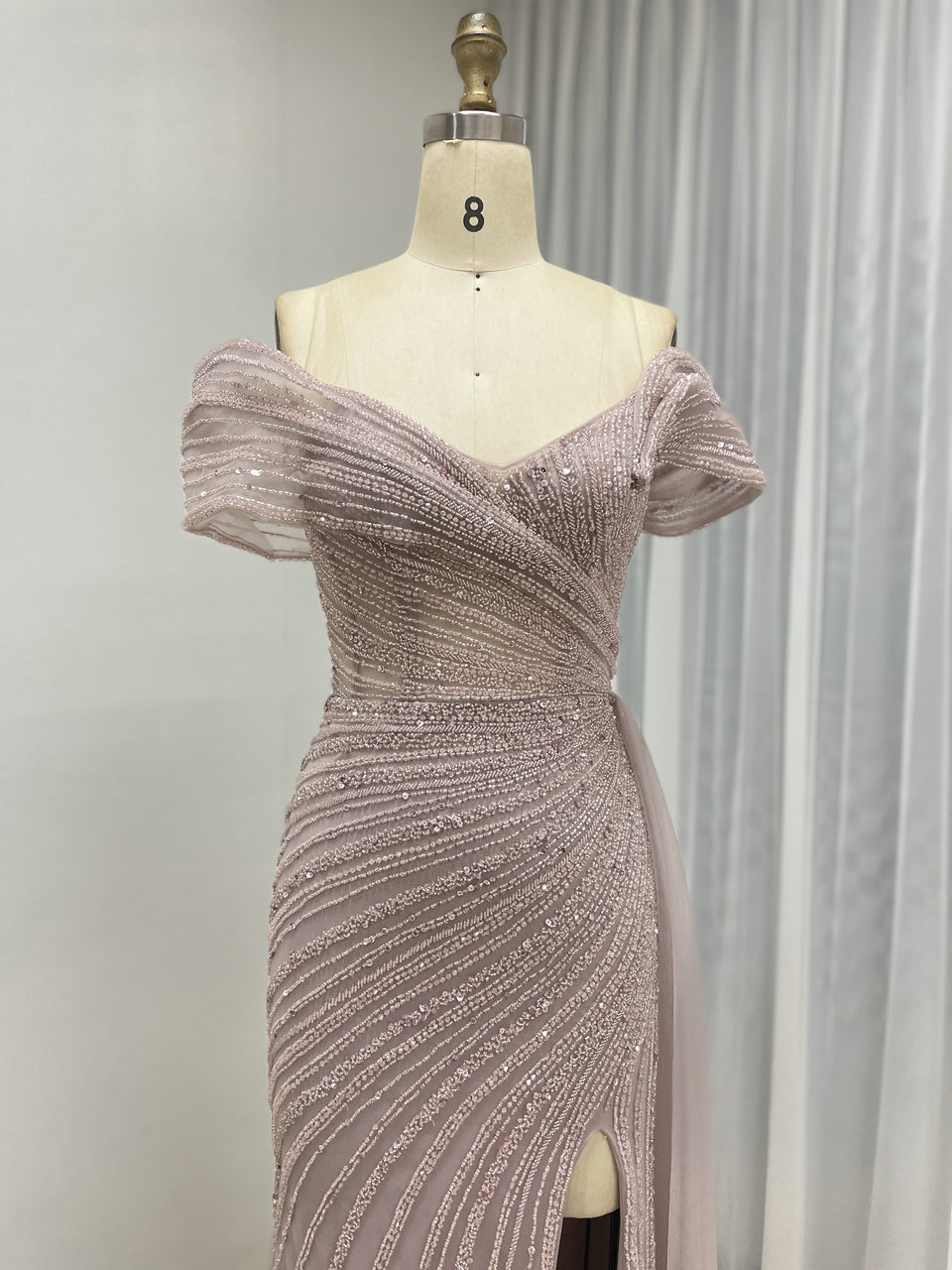 Champagne Off-the-Shoulder Beaded Evening Gown with High Slit & Tulle Train MC20139