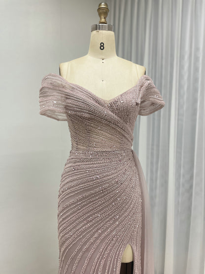Champagne Off-the-Shoulder Beaded Evening Gown with High Slit & Tulle Train MC20139