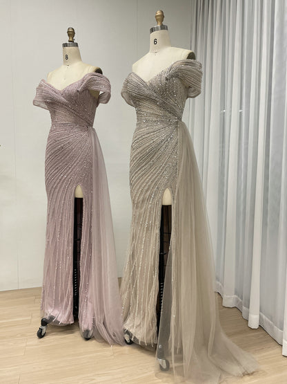 Champagne Off-the-Shoulder Beaded Evening Gown with High Slit & Tulle Train MC20139