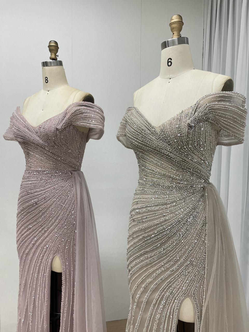 Champagne Off-the-Shoulder Beaded Evening Gown with High Slit & Tulle Train MC20139