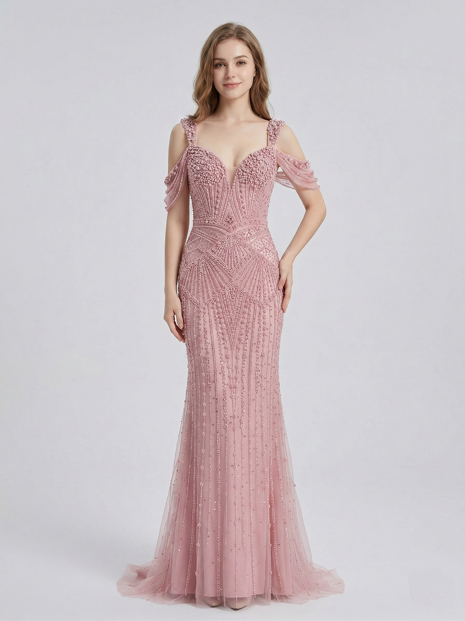Pink Pearl & haute couture Beaded Mermaid Evening Gown MC20140